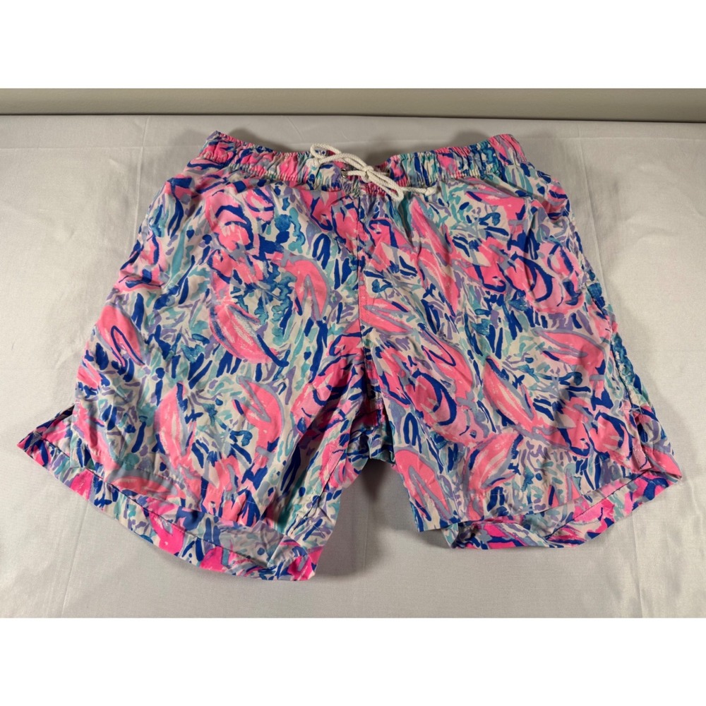 Lilly Pulitzer Mens Capri Trunk Swim Shorts Pink Blue Abstract Print Size M